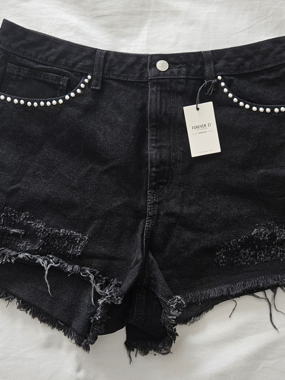 Forever 21 Black Distressed Jean Shorts with Pearl Trim